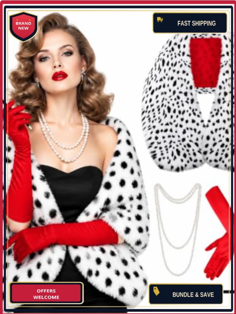 Halloween Dalmatian Shawl Set Flapper Gloves Pearl Necklace 4 Pc Costume